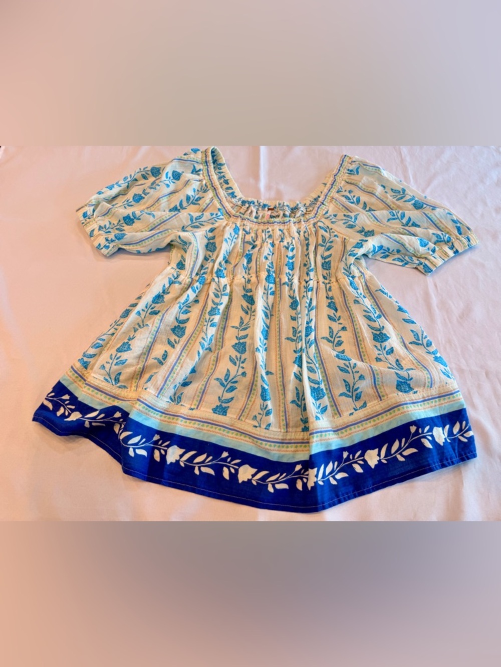 Free People Cream Blouse with Blue Floral Print